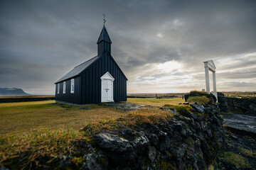 Budir Church Island Snæfellsnes in dramatic lighting and diagonal view