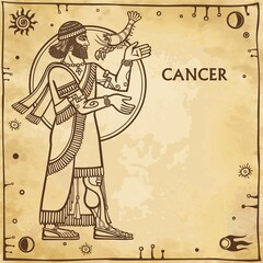 Fototapeta na wymiar Zodiac sign Cancer. Drawing based on motives of Sumerian art. Full growth. Background - imitation of old paper, space symbols. The place for the text. Vector illustration.