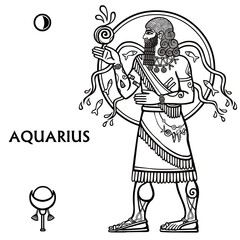 Zodiac sign Aquarius. Full growth. Black and white zodiac drawing based on motives of Sumerian art, isolated on a white background. Vector illustration. Be used for coloring book.