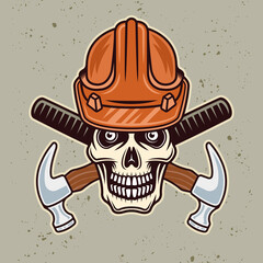 Skull in worker hard hat and two crossed hammers vector illustration in colorful cartoon style isolated on light background