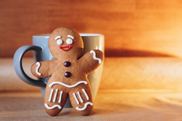 Festive Christmas composition of gingerbread cookies in the shape of a man. New Year and winter...