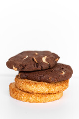 Coconut and chocolate cookies on a white background together