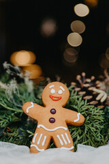 Festive Christmas composition of gingerbread cookies in the shape of a man. Xmas Background