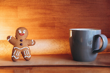 Festive Christmas composition of gingerbread cookies in the shape of a man. Background for your greeting cards