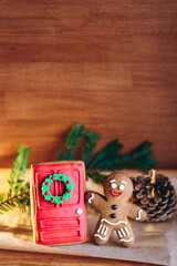 Festive Christmas composition of gingerbread cookies in the shape of a man. Background for your greeting cards with space for your text