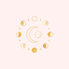 Gold Moon phases. Sun and moon tarot design. Golden icon vector illustration.
