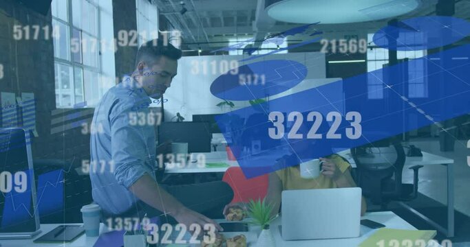 Animation of financial statistics processing and numbers over business colleagues talking - Powered by Adobe