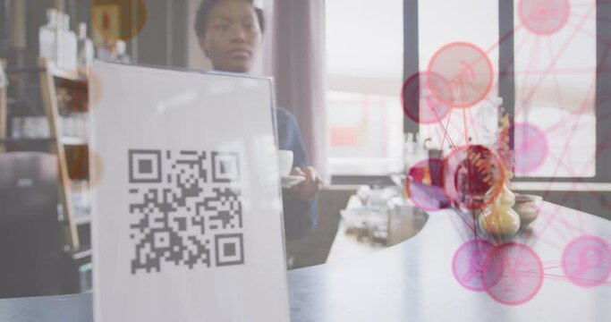Animation of network of connections and qr code menu over woman serving in cafe