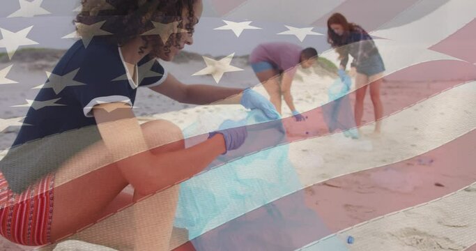 Animation of flag of united states of america over people recycling on beach