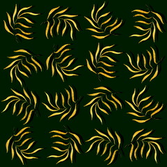 Fototapeta na wymiar Elegant seamless pattern for textile and wallpaper. Golden autumn leaves on a dark green background. Watercolor hand drawn elements. Branches with leaves.