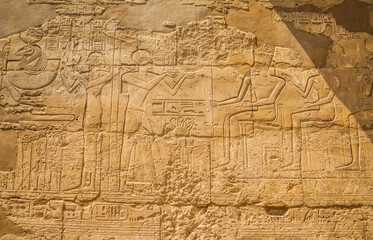 Anscient Temple of Karnak in Luxor - Ruined Thebes Egypt. Wall w