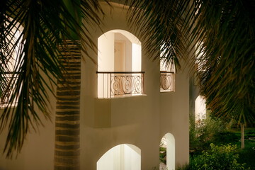 Arabic style. View of the courtyard in the Egyptian hotel at nig