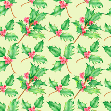 Watercolor seamless holly pattern isolated on yellow background.Perfect for fabrics,textile,wrapping paper,package design.