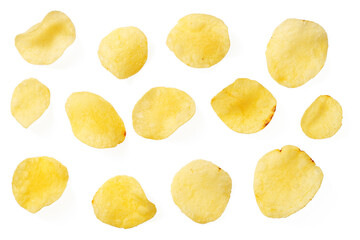 Potato chips isolated on white backgroud, top view