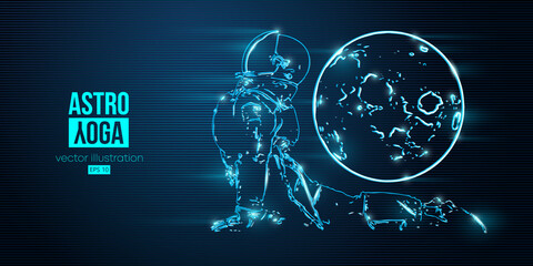 Neon astronaut doing yoga on the blue background of the mars and space. Yoga exercises. Vector illustration