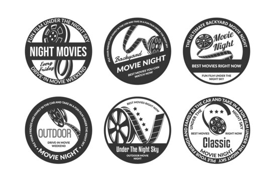 Backyard Movie Night Monochrome Logo Collection Vector Illustration. Set Outdoor Night Film Strip