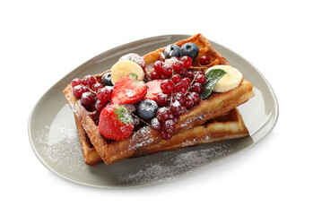 Plate of delicious Belgian waffles with berries and powdered sugar isolated on white