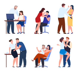 Obraz premium Sexual harassment at work or public place collection vector flat illustration. Set assault and abuse