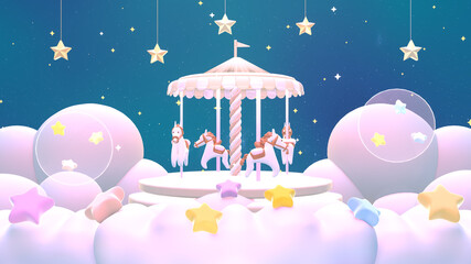 3d rendered carousel on the clouds and hanging stars. © tykcartoon