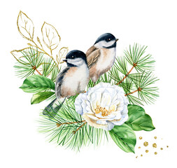 Watercolor birds on bouquet with white rose. Christmas postcard with pine tree, two finches and golden glitter foil. Botanical floral illustration for winter holiday cards