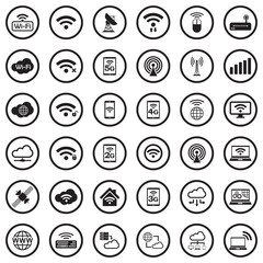 Wireless Icons. Black Flat Design In Circle. Vector Illustration.
