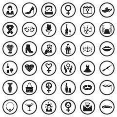 Woman Icons. Black Flat Design In Circle. Vector Illustration.