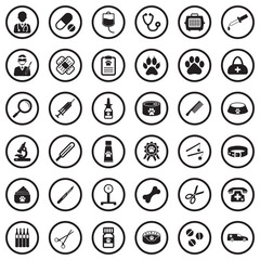 Veterinary Icons. Black Flat Design In Circle. Vector Illustration.