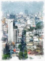 The landscape of buildings and houses and roads in Bangkok watercolor style illustration impressionist painting.