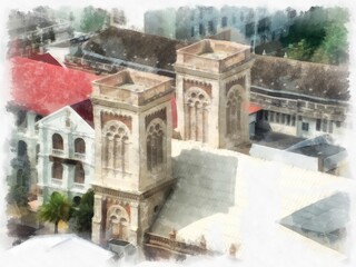 Obraz premium Gothic style church in the city from above watercolor style illustration impressionist painting.