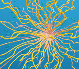 Point explode. Array with dynamic emitted particles. 3d technology style. Abstract background. Vector illustration.