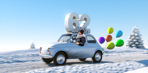 Geburtstagsauto Happy Birthday 62 im Winter