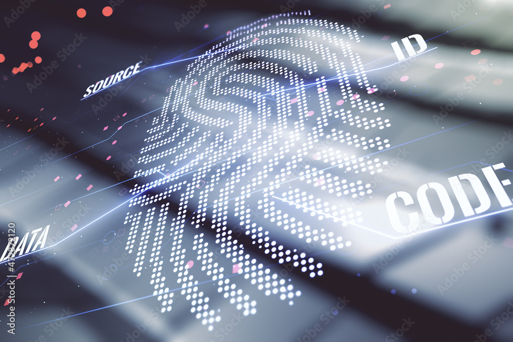 Poster Multi exposure of virtual graphic fingerprint sketch on abstract metal background, fingerprint scan data concept