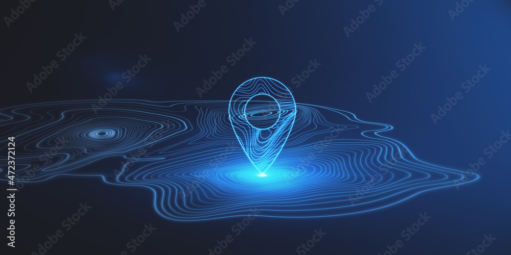 Poster abstract glowing map geoposition with marker on dark blue texture. travel and direction concept. 3d 