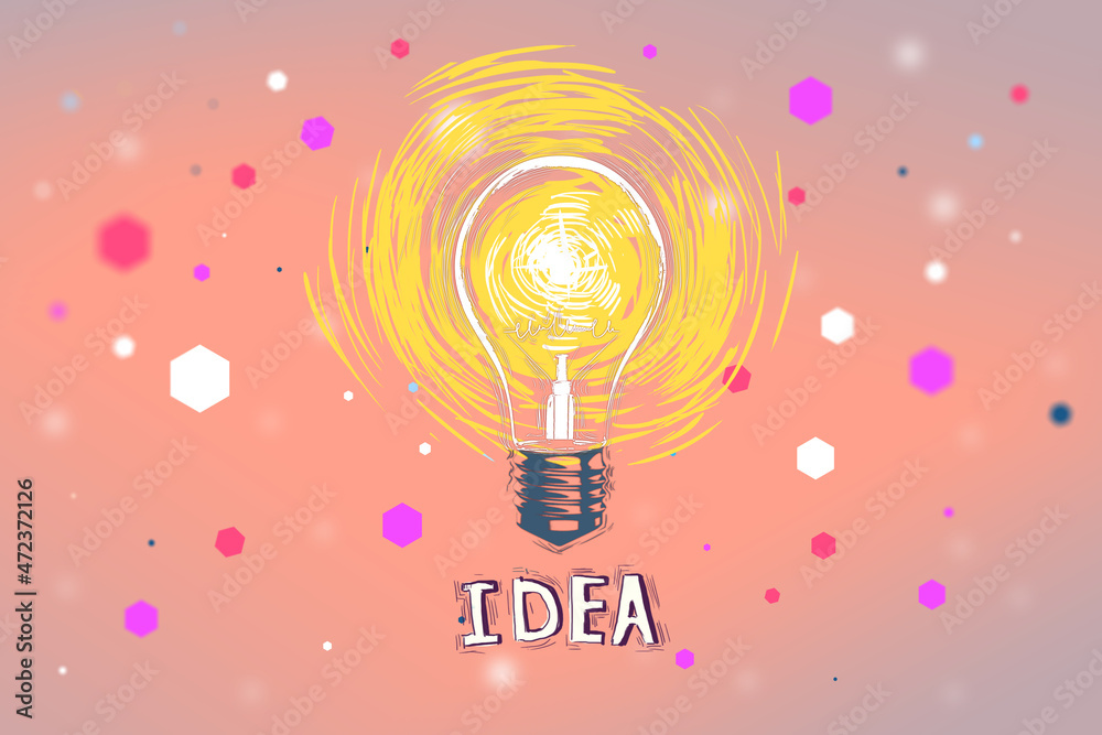 Poster creative pink light bulb sketch on blurry bokeh background. idea, innovation and success concept. 3d