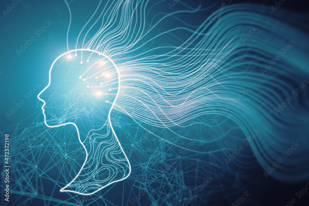 Poster creative glowing polygonal head and waves on dark wallpaper. artificial intelligence, science and te