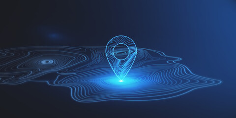 Abstract glowing map geoposition with marker on dark blue texture. Travel and direction concept. 3D Rendering.