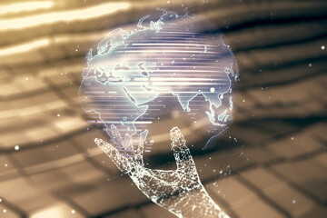 Multi exposure of abstract creative digital world map hologram on blurry abstract metal background, tourism and traveling concept