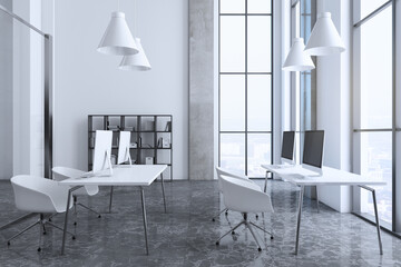 Bright concrete coworking office interior with window and city view, furniture and equipment. 3D Rendering.