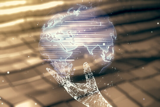 Multi exposure of abstract creative digital world map hologram on blurry abstract metal background, tourism and traveling concept