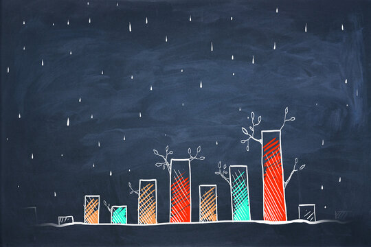Creative doodle of growing colorful business chart with tree branches on chalkboard background. Finance, growth and savings concept.