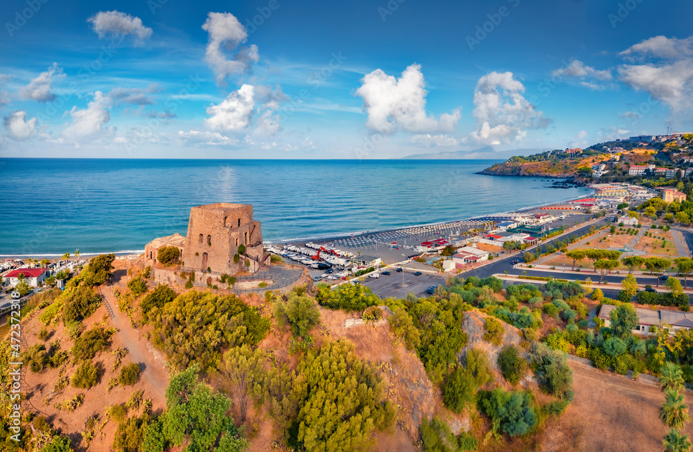 Poster Amazing summer view from flying drone of historical place - Talao Tower. Spectacular morning cityscape of Scalea town, Province of Cosenza, Italy. Vacation concept background..