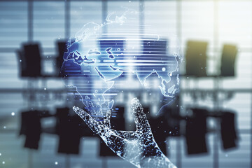 Multi exposure of abstract creative digital world map hologram on a modern meeting room background, research and analytics concept