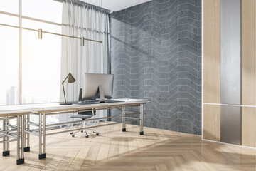 Fototapeta na wymiar Simple wooden office interior with window and city view, daylight, furniture and various objects. Workplace concept. 3D Rendering.