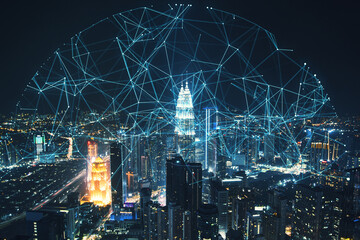 Creative night city background with polygonal sphere. Communication, urbanization and global business concept. Double exposure.