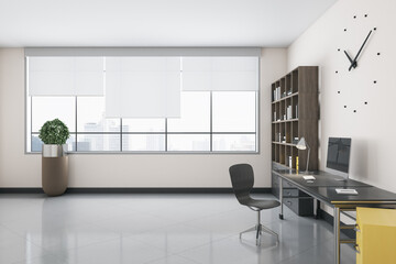 Side view of modern white office interior with bookcase, window with city view, workplace with computer, other items and concrete flooring. 3D Rendering.