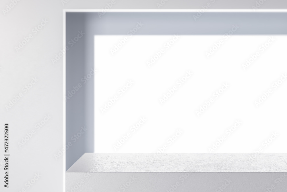 Poster creative empty light white product stand. retail concept. mock up, 3d rendering.