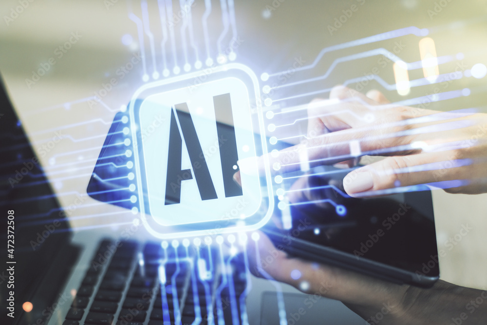 Aufkleber double exposure of creative artificial intelligence icon with finger clicks on a digital tablet on b