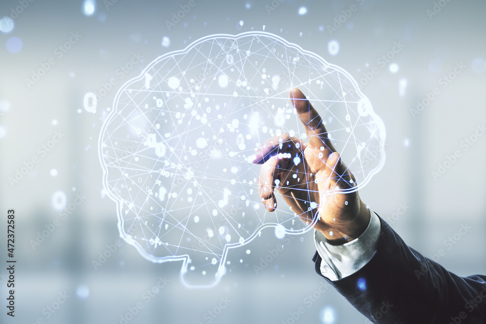 Aufkleber Double exposure of man hand working with creative human brain microcircuit hologram on blurred office background. Future technology and AI concept