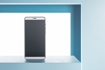 Close up of creative white product stand with empty black cellphone. Retail and technology concept. Mock up, 3D Rendering.
