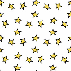 Seamless pattern with cozy yellow stars on white background. Vector image.
